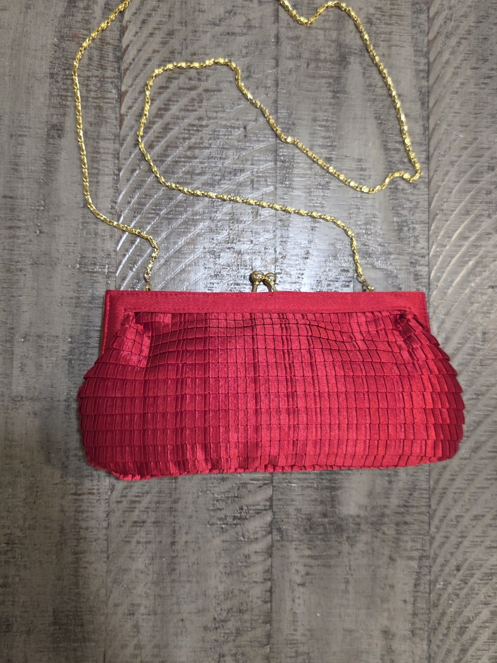 Vintage Jessica McClintock Red Pleated Ruffled Satin Evening Bag Gold Chain